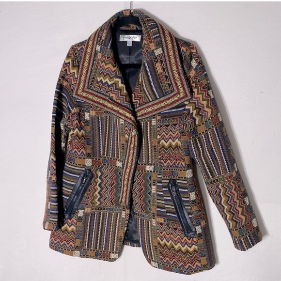 Fresh FX Chevron Stripe Jacquard Tapestry Zip Up Wide Collar Pea Style Jacket L - Picture 14 of 14